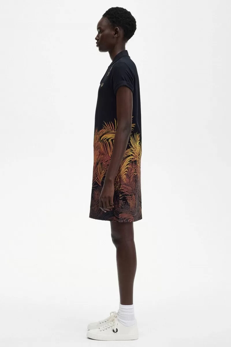 abito da donna in piqué con stampa di palme fred perry nero