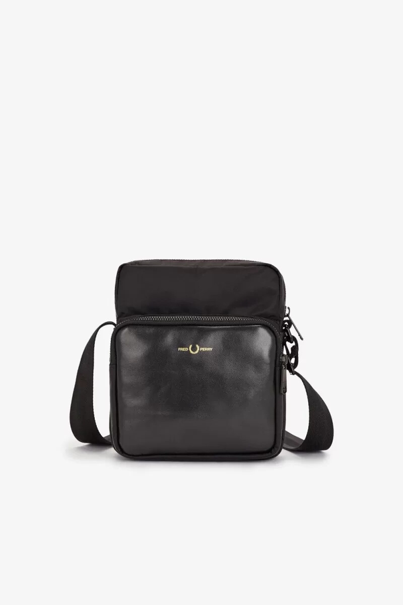 fred perry nylon twill leather side borse da uomo nero oro