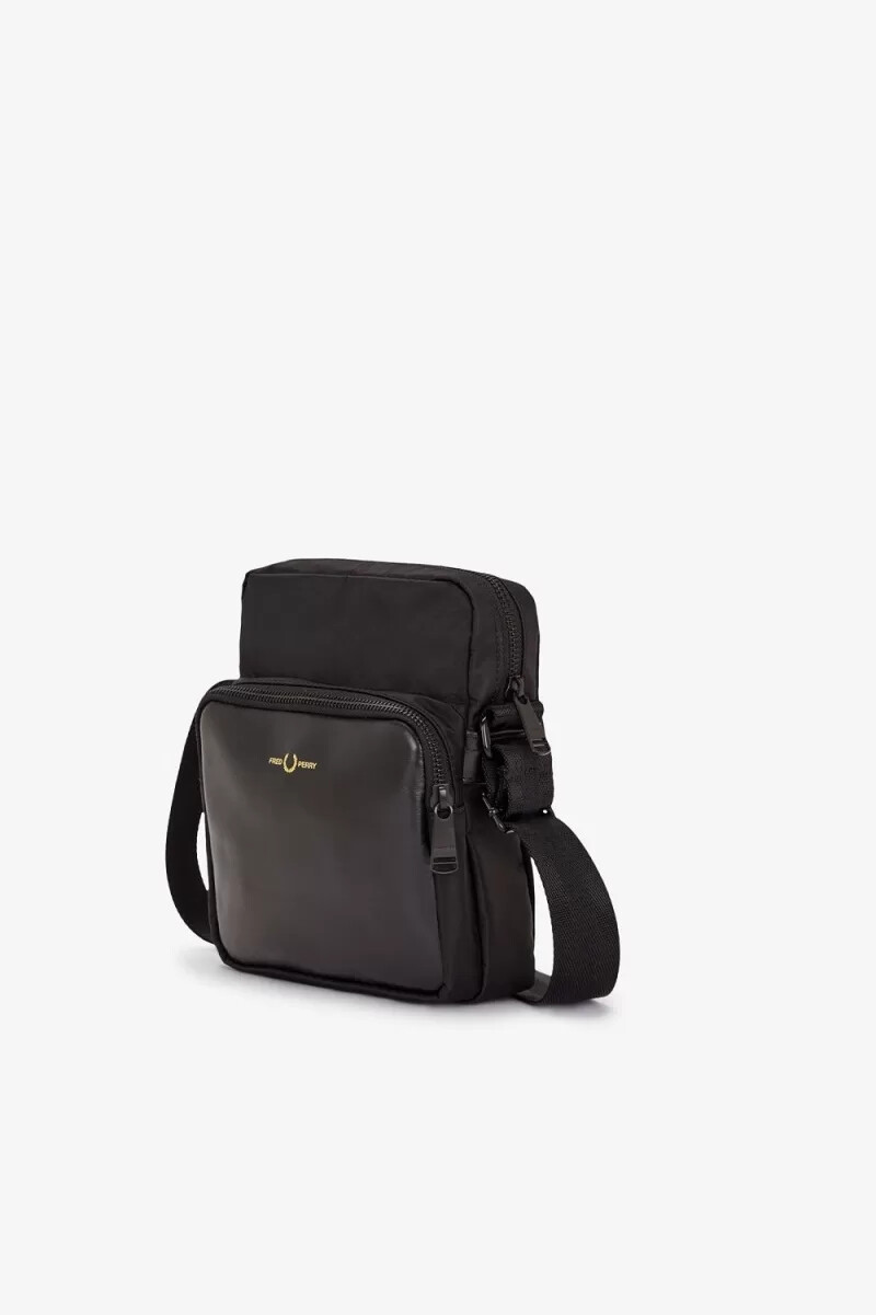 fred perry nylon twill leather side borse da uomo nero oro