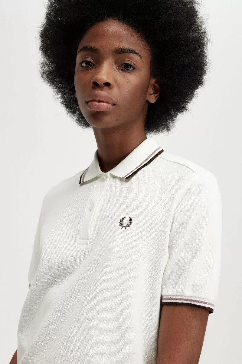 fred perry g3600 camicia da donna bianco neve rosa scuro tabacco bruciato