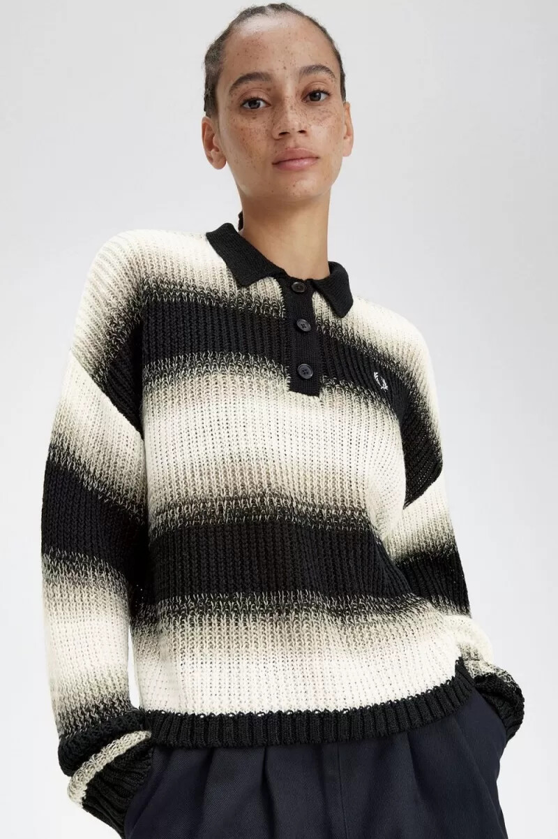 camicia da donna a righe in maglia aperta fred perry nera