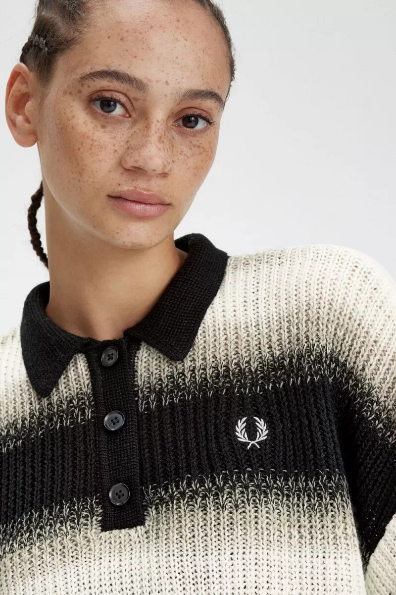 camicia da donna a righe in maglia aperta fred perry nera