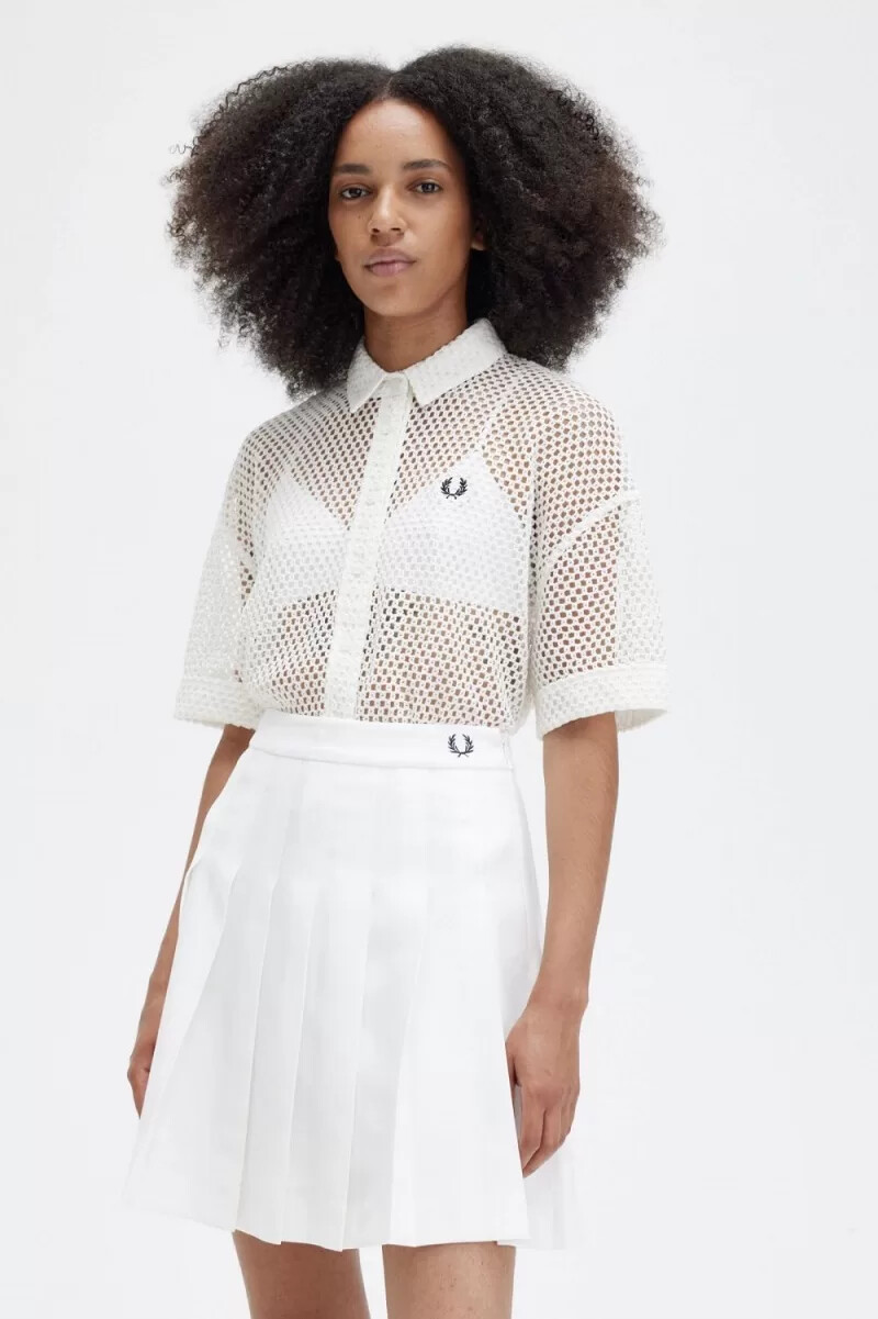 camicia da donna fred perry open-knit colore bianco neve