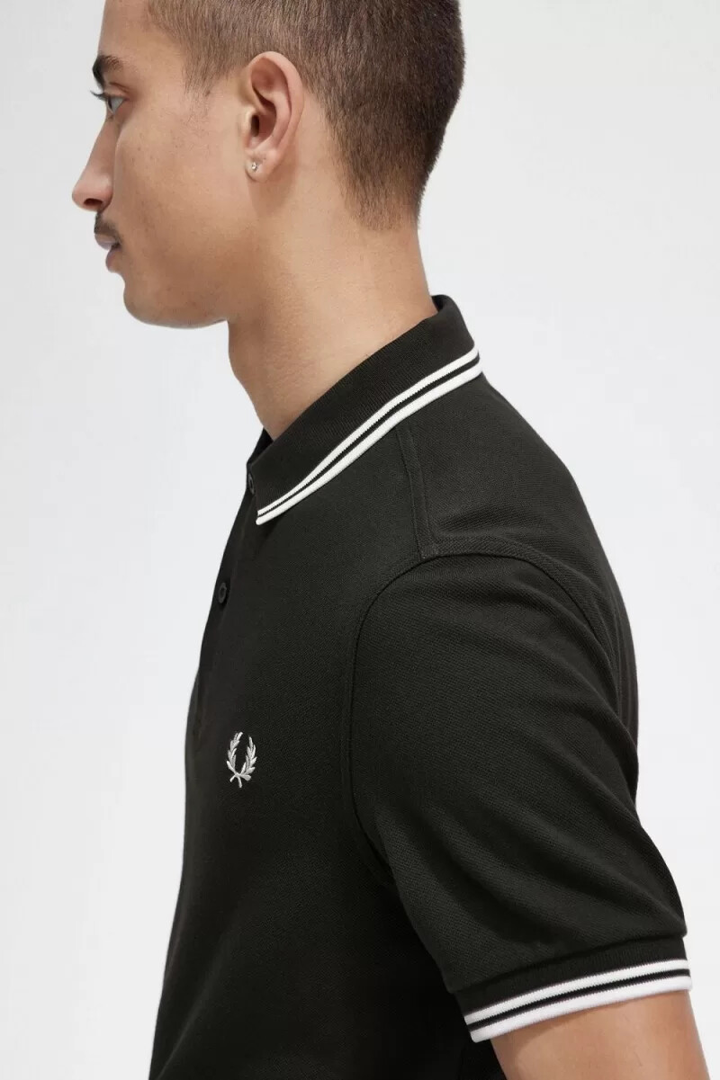 fred perry m3600 camicia da uomo verde notte bianco neve