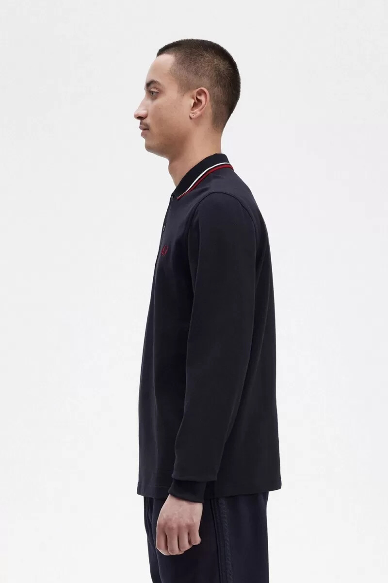 fred perry m3636 camicia da uomo blu navy bianco neve rosso bruciato