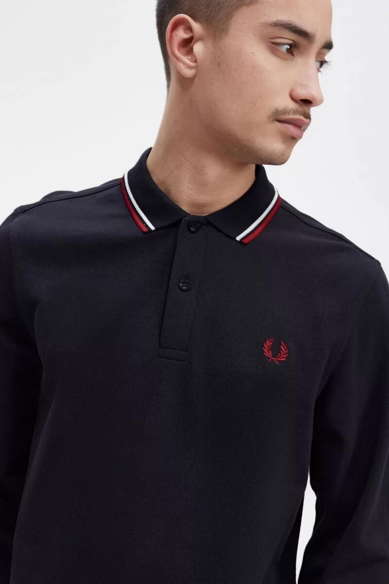 fred perry m3636 camicia da uomo blu navy bianco neve rosso bruciato