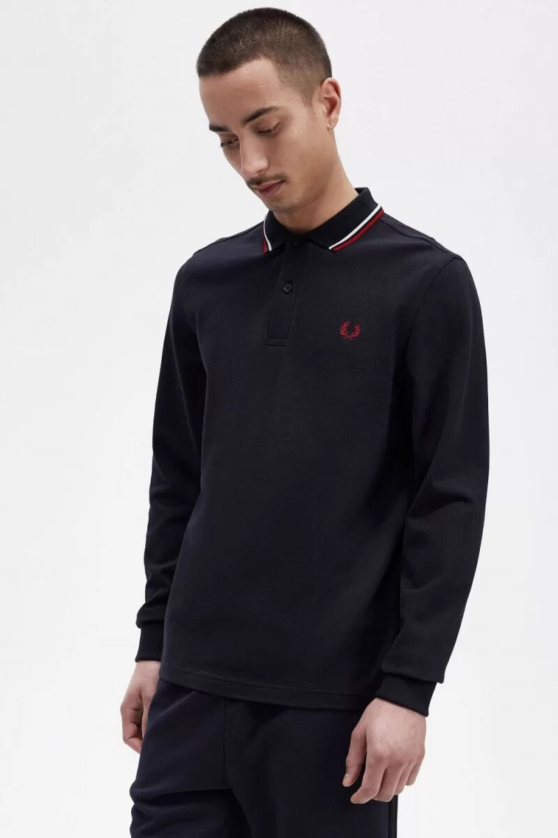 fred perry m3636 camicia da uomo blu navy bianco neve rosso bruciato