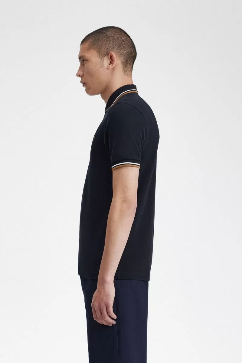fred perry m3600 camicia da uomo blu navy bianco neve marrone