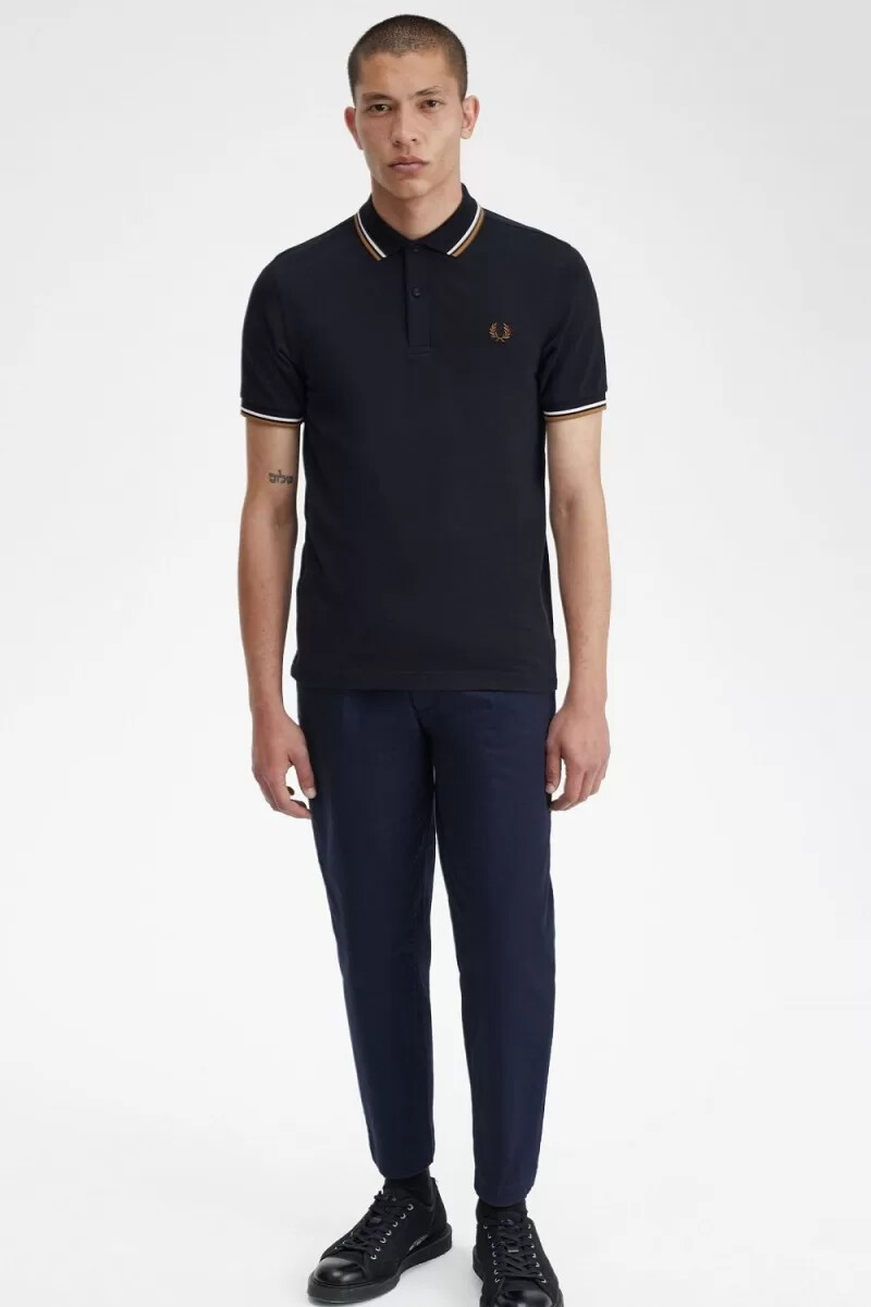 fred perry m3600 camicia da uomo blu navy bianco neve marrone