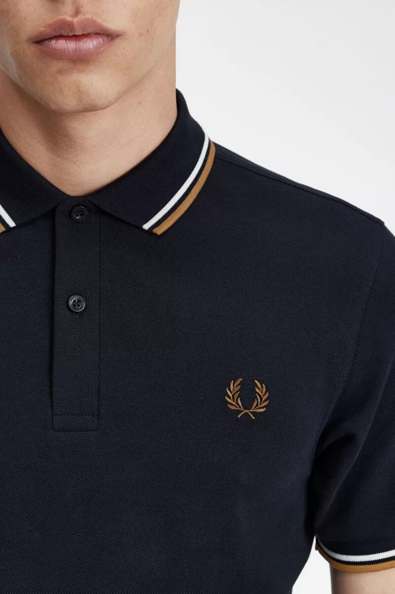 fred perry m3600 camicia da uomo blu navy bianco neve marrone