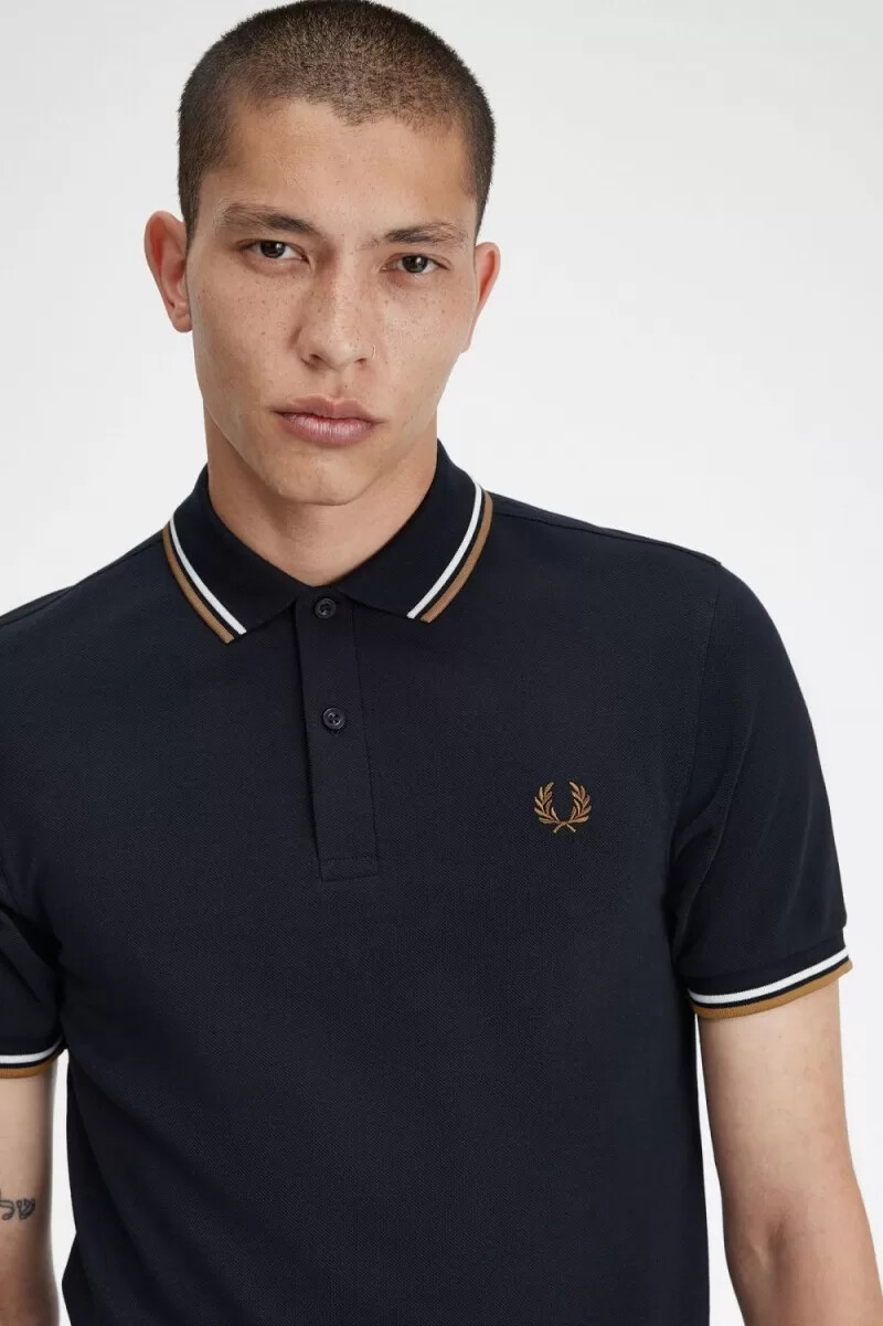 fred perry m3600 camicia da uomo blu navy bianco neve marrone