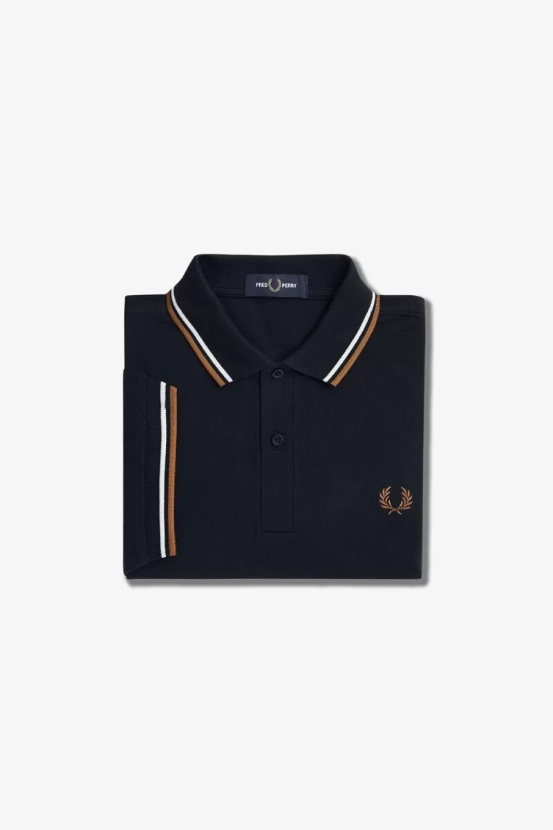 fred perry m3600 camicia da uomo blu navy bianco neve marrone