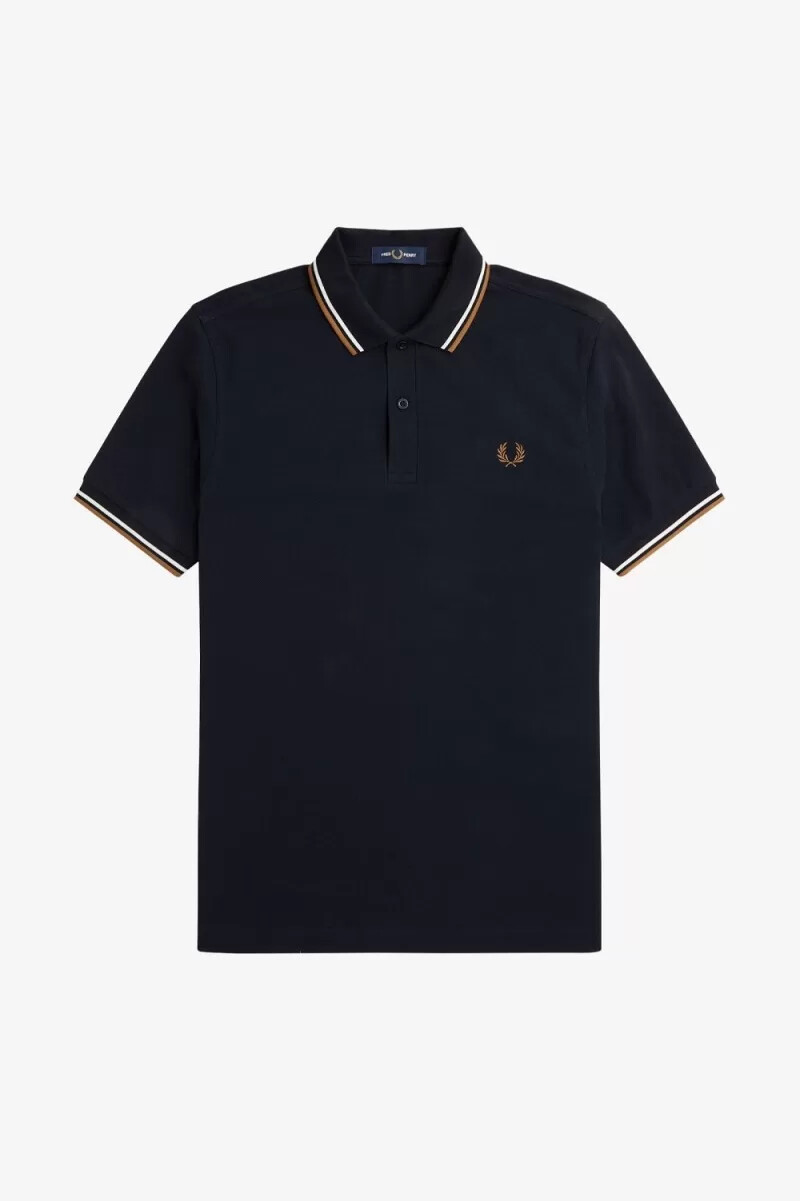 fred perry m3600 camicia da uomo blu navy bianco neve marrone