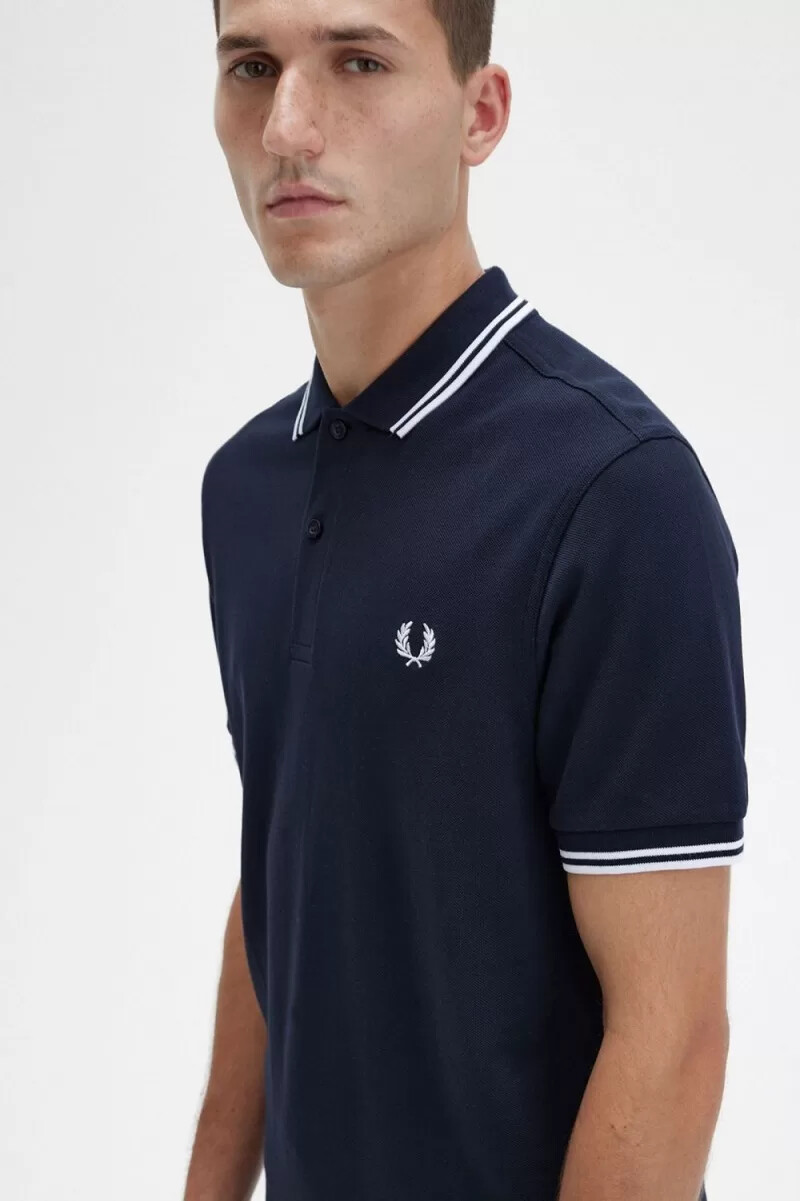 fred perry m3600 camicia da uomo blu navy e bianca