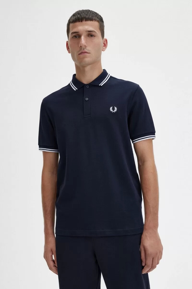 fred perry m3600 camicia da uomo blu navy e bianca
