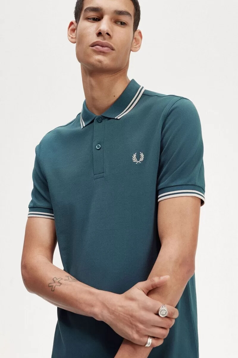 fred perry m3600 camicia da uomo blu petrolio e menta chiara