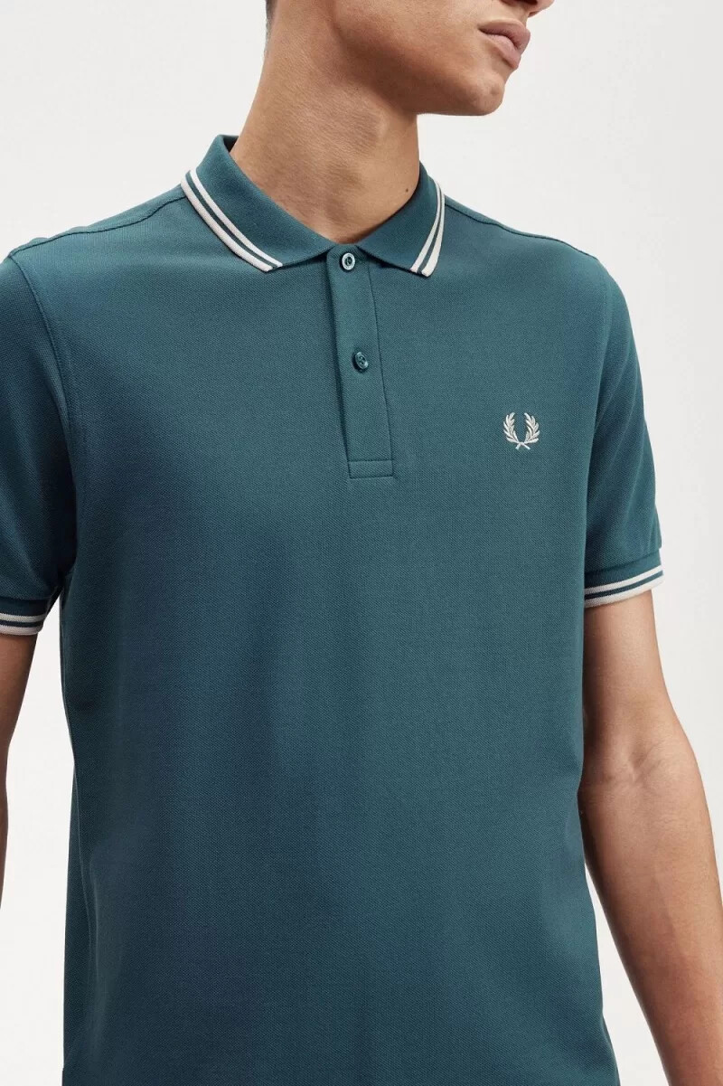 fred perry m3600 camicia da uomo blu petrolio e menta chiara