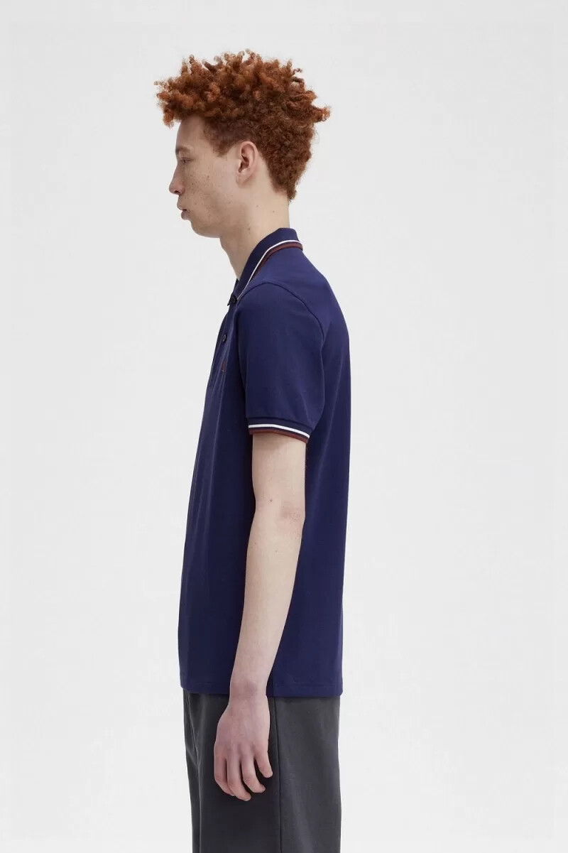 fred perry m3600 camicia da uomo blu navy francese beige whisky marrone