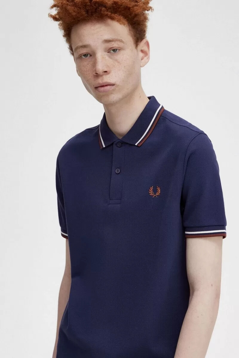 fred perry m3600 camicia da uomo blu navy francese beige whisky marrone