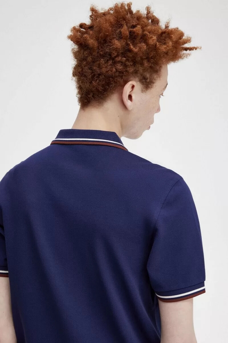 fred perry m3600 camicia da uomo blu navy francese beige whisky marrone