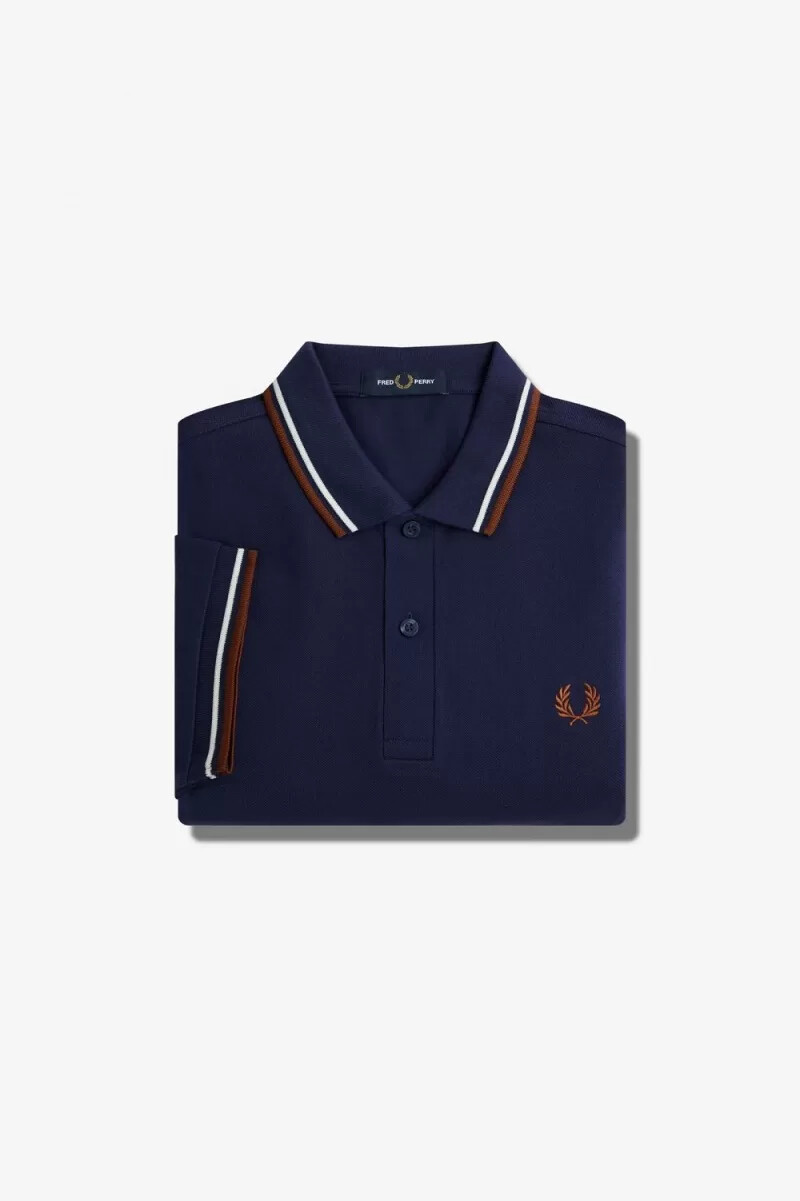 fred perry m3600 camicia da uomo blu navy francese beige whisky marrone