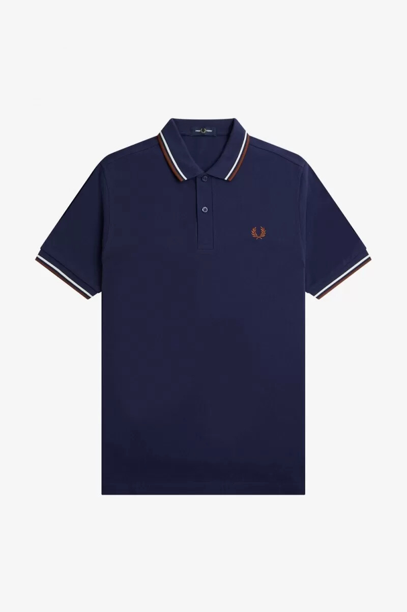 fred perry m3600 camicia da uomo blu navy francese beige whisky marrone