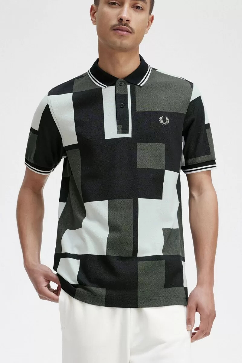 camicia da uomo fred perry pixel print light aqua