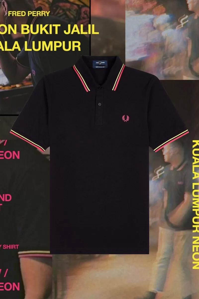 fred perry m12 camicia da uomo nera giallo brillante kuala lumpur neon