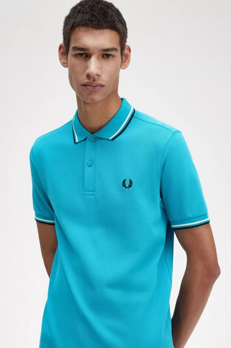 fred perry m3600 camicia da uomo cyber blue aqua cream black