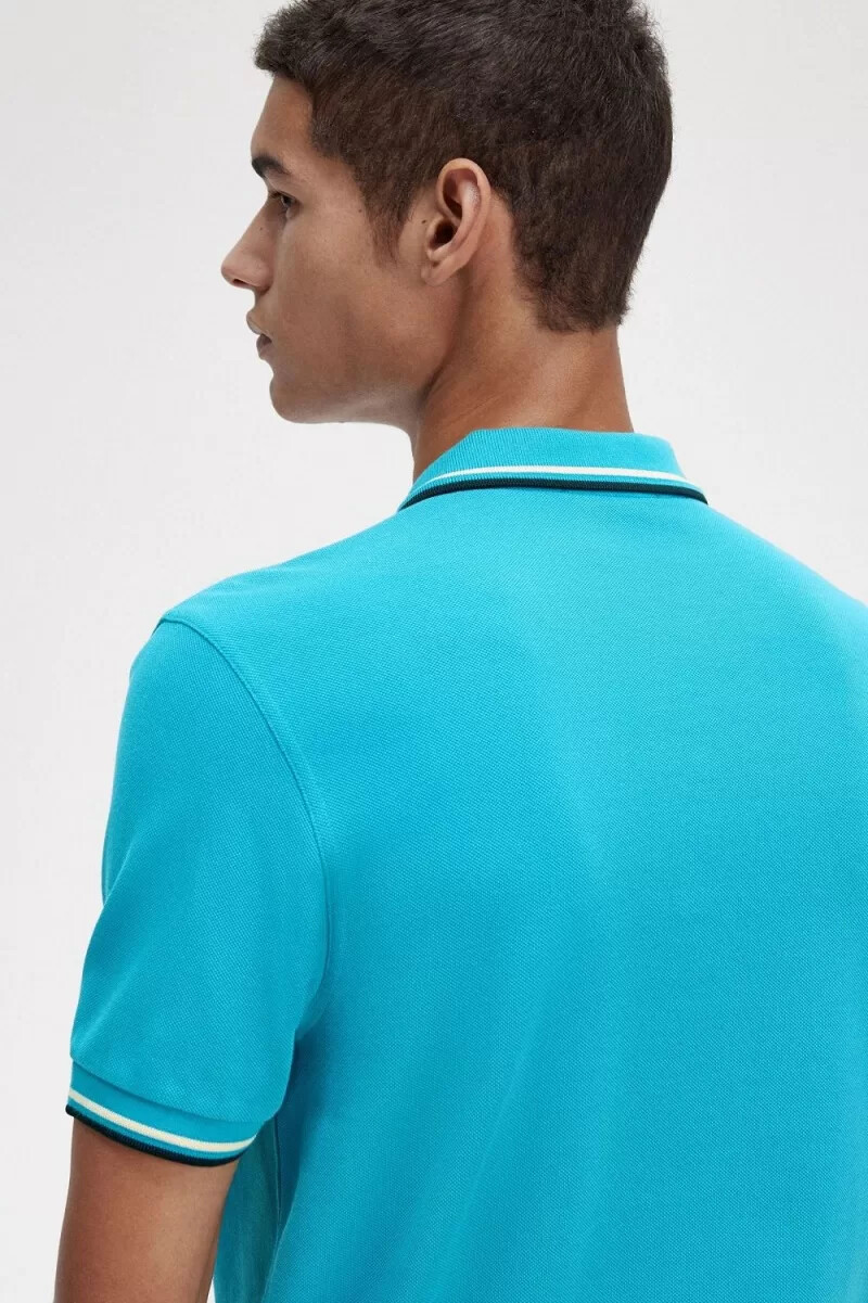 fred perry m3600 camicia da uomo cyber blue aqua cream black
