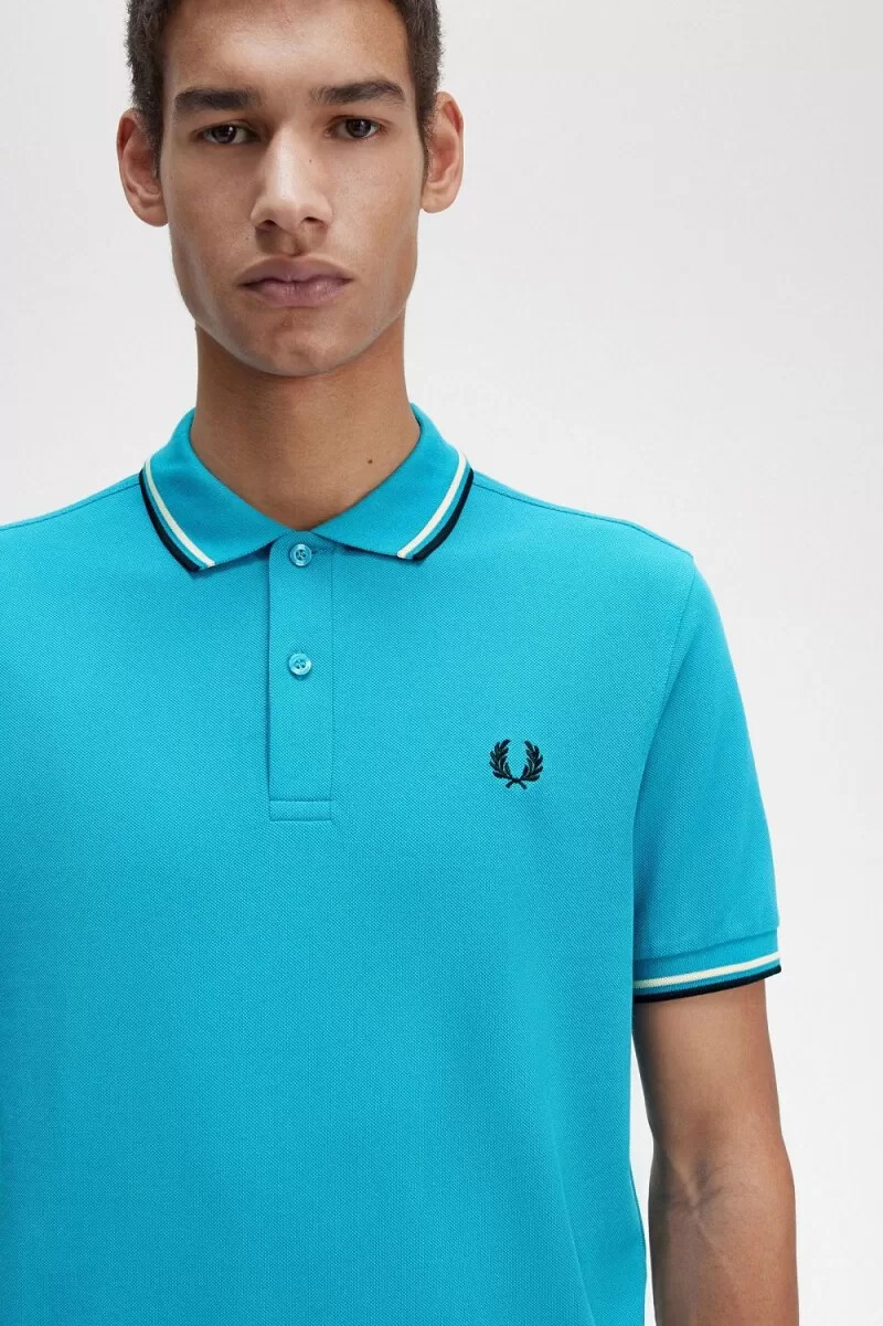 fred perry m3600 camicia da uomo cyber blue aqua cream black