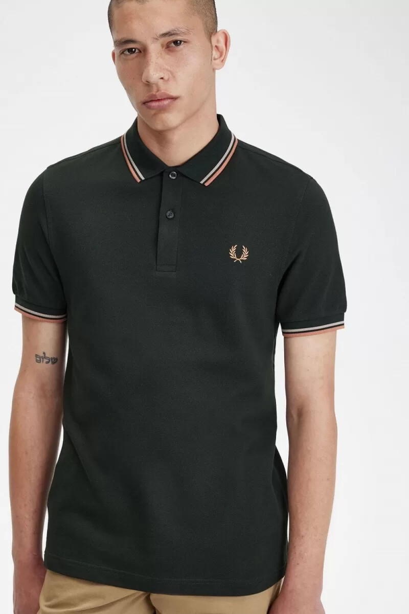 fred perry m3600 camicia da uomo verde notte grigio caldo ruggine chiaro