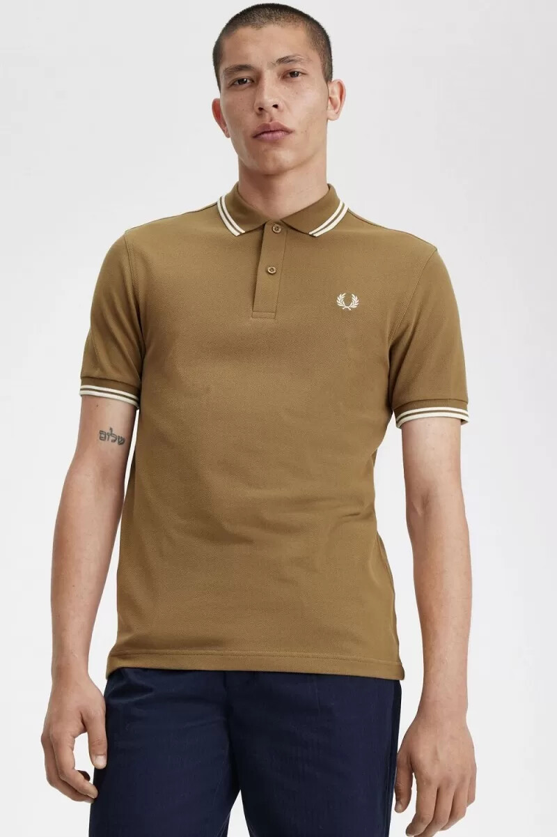 fred perry m3600 camicia da uomo marrone bianco neve beige