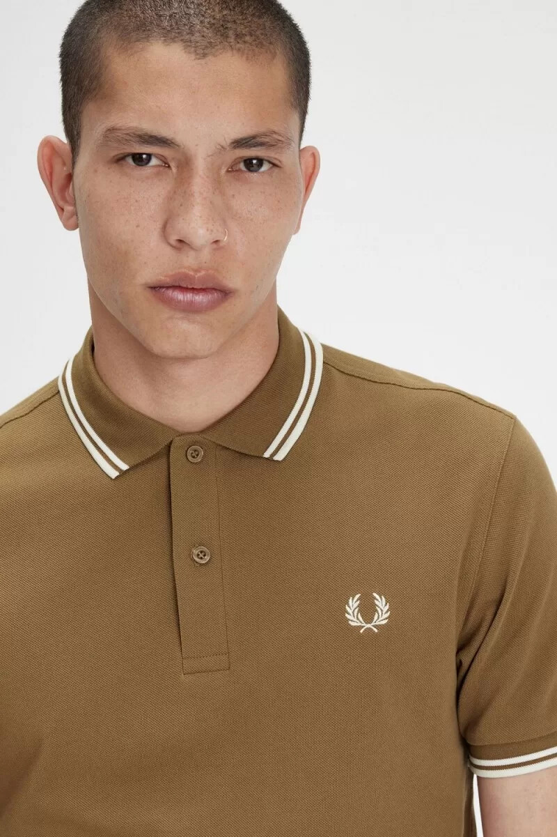 fred perry m3600 camicia da uomo marrone bianco neve beige