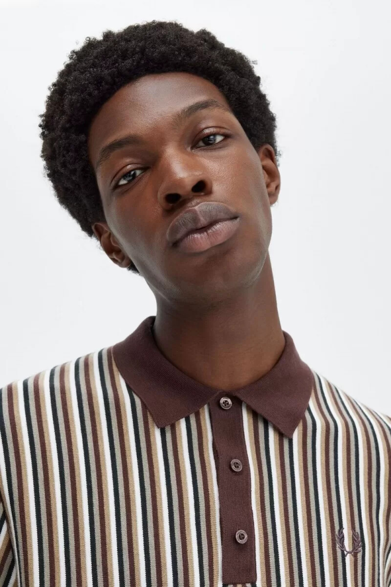 camicia da uomo in maglia a righe sottili fred perry rosso scuro