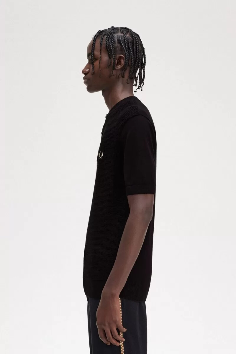 fred perry waffle stitch henley - camicia da uomo nera
