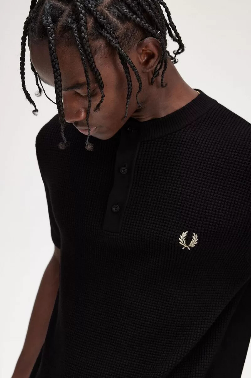 fred perry waffle stitch henley - camicia da uomo nera
