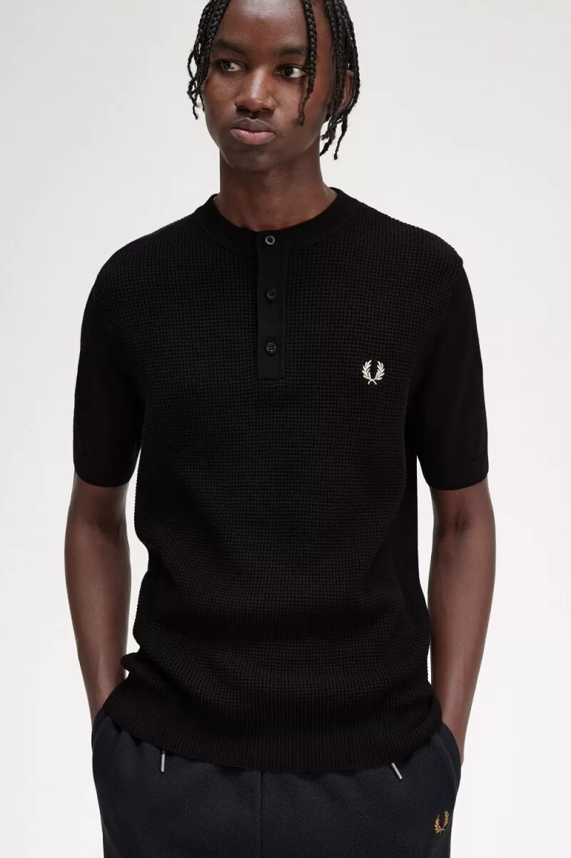 fred perry waffle stitch henley - camicia da uomo nera