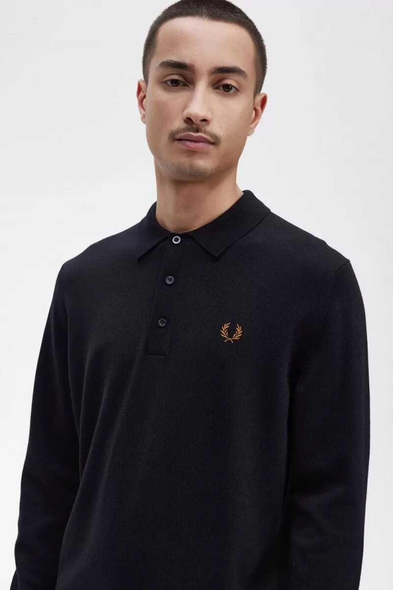 camicia da uomo in maglia a maniche lunghe fred perry blu navy