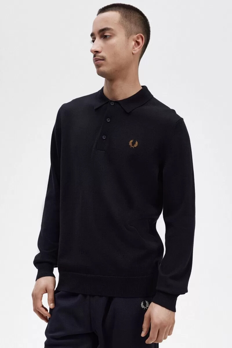 camicia da uomo in maglia a maniche lunghe fred perry blu navy