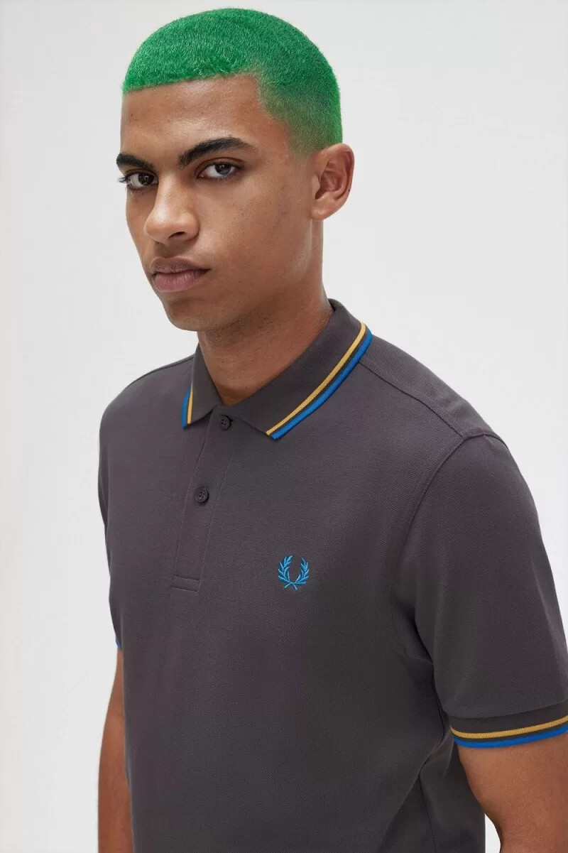 fred perry m3600 camicia da uomo gunmetal golden hour kingfisher