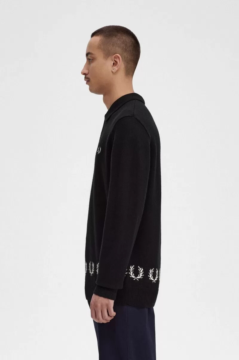 camicia da uomo in maglia con bordo a corona dalloro fred perry nera