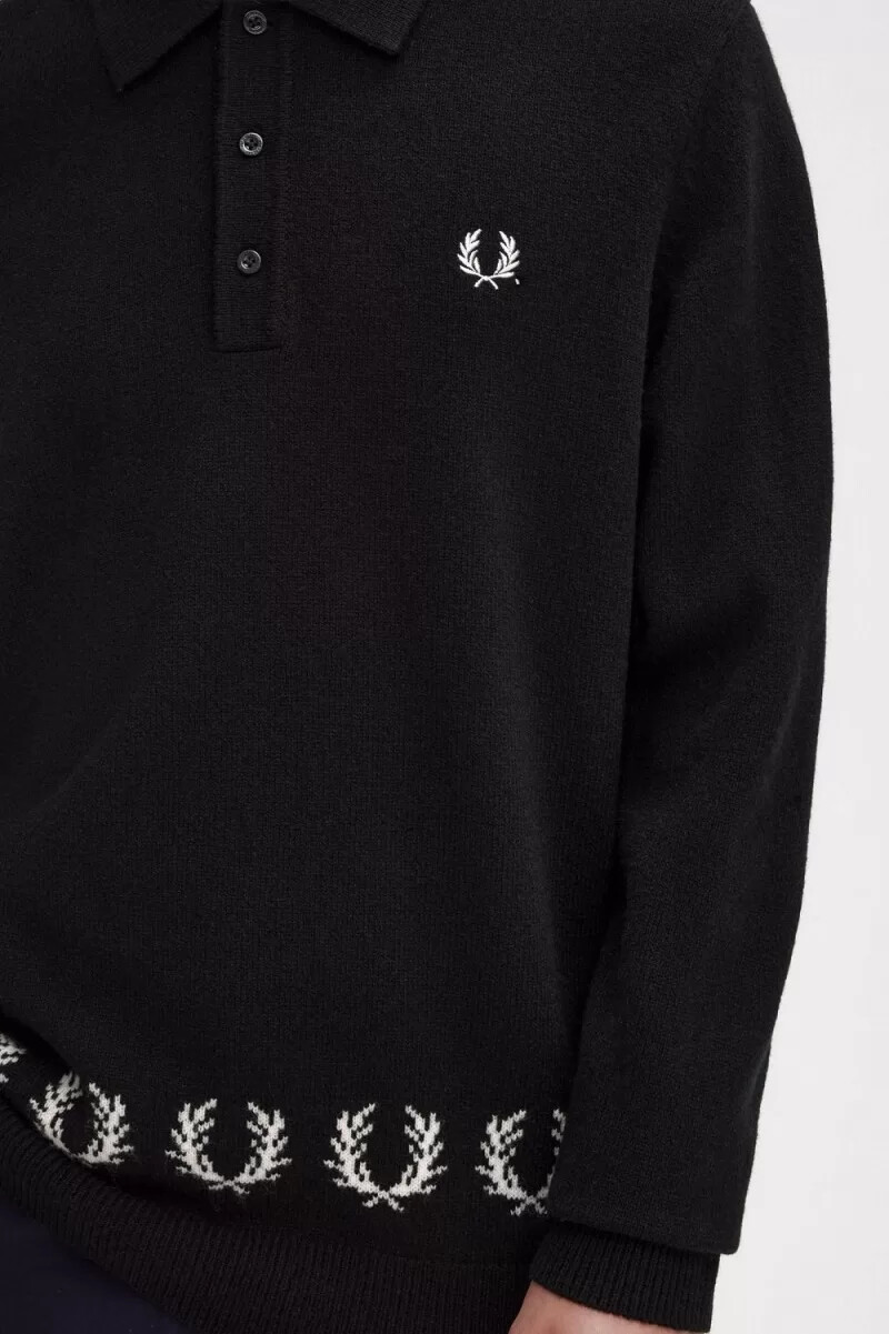 camicia da uomo in maglia con bordo a corona dalloro fred perry nera