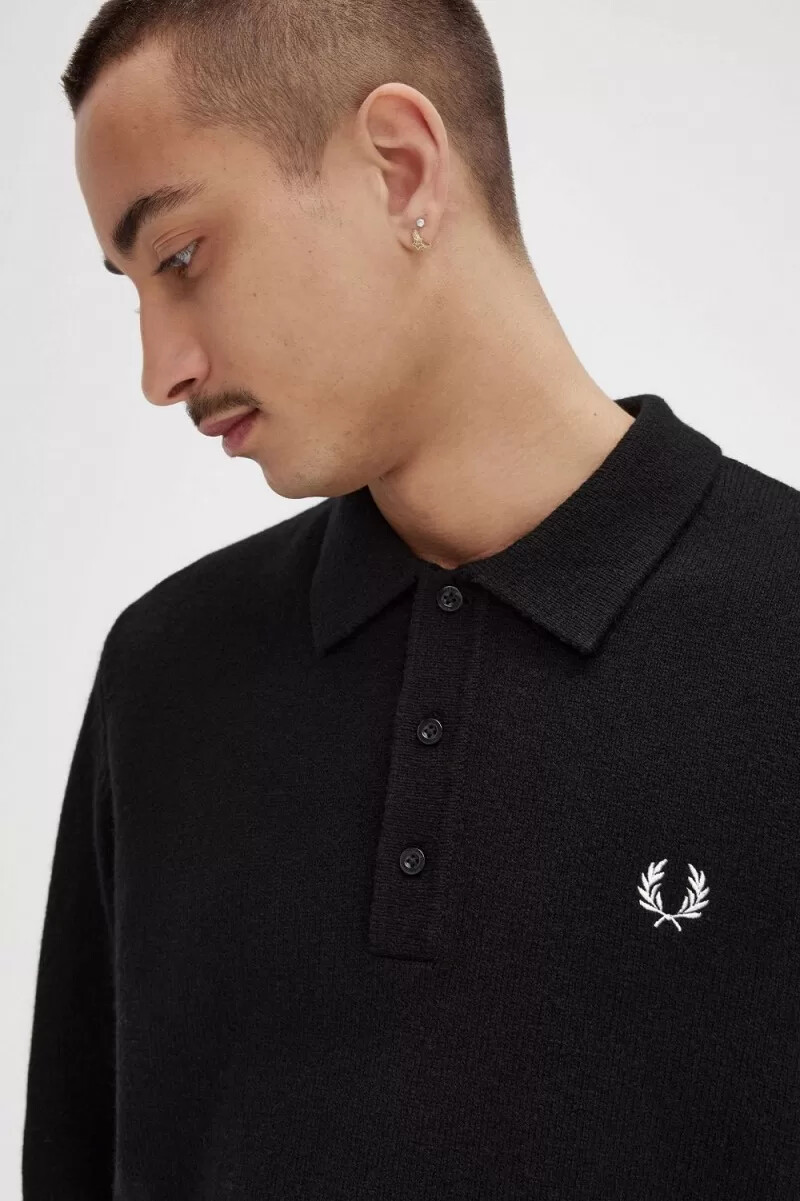 camicia da uomo in maglia con bordo a corona dalloro fred perry nera