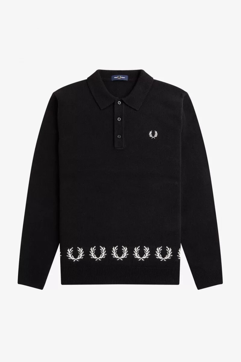 camicia da uomo in maglia con bordo a corona dalloro fred perry nera
