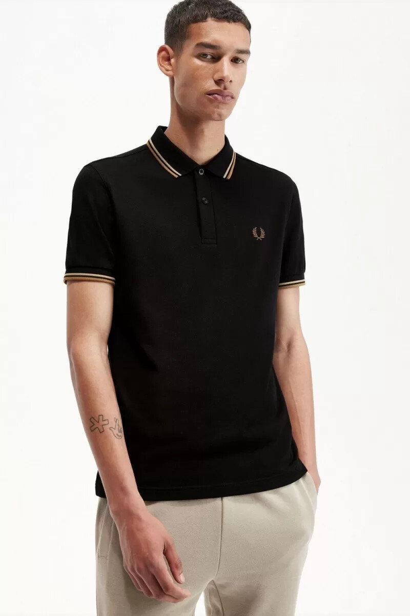 fred perry m3600 camicia da uomo nera verde marrone