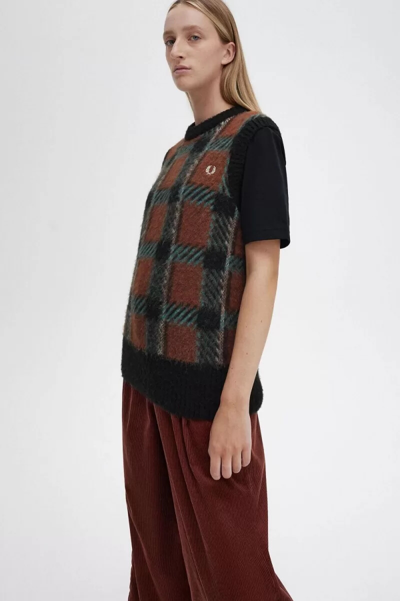 fred perry glitch tartan maglia canotta da donna marrone whisky