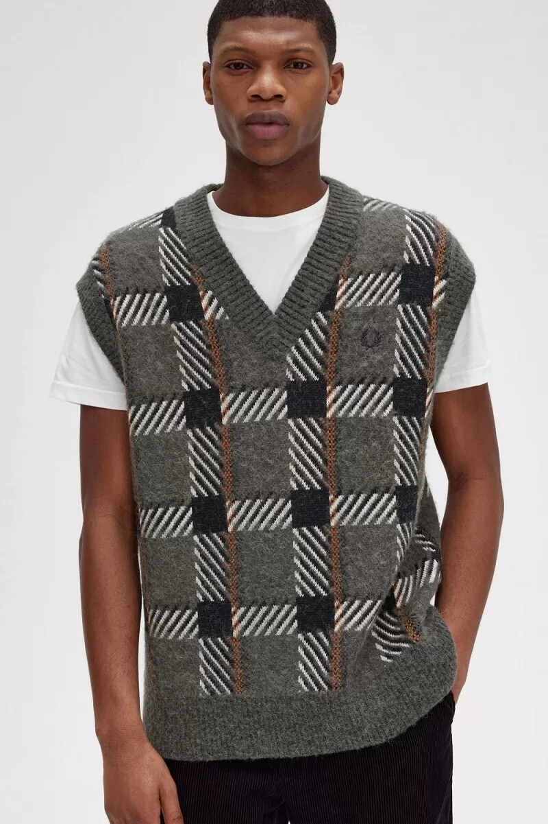 fred perry glitch tartan maglia uomo verde campo