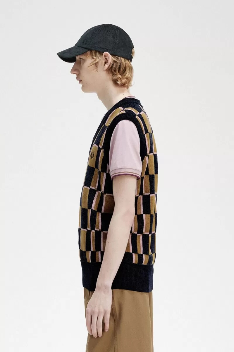 fred perry glitch chequerboard canotta da uomo marrone blu navy