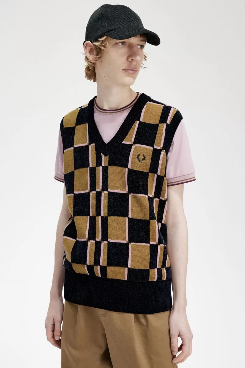 fred perry glitch chequerboard canotta da uomo marrone blu navy